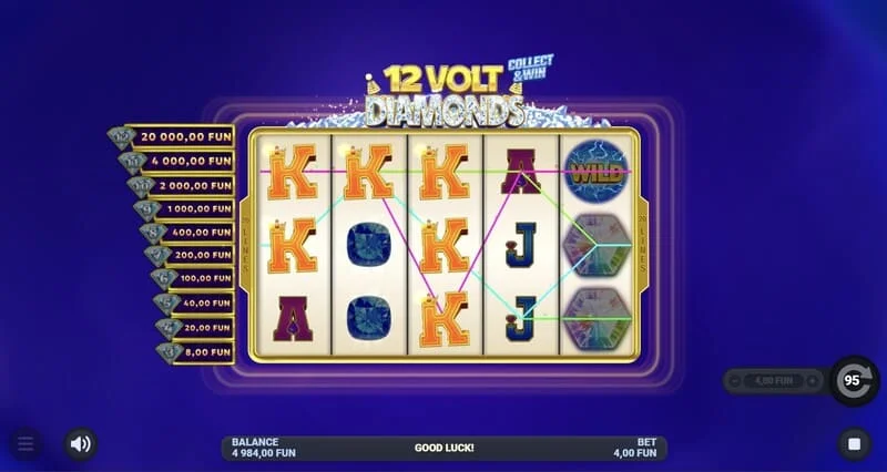 12 Volt Diamonds – huvudspelskärmen med ett 5x4 rutnät